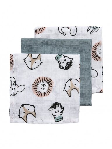 Marlinių (muslino) vystyklų komplektas, 3vnt, 30x30cm Meyco Baby (Green Animal)