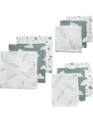 9th Gauze (muslin) diaper set, Meyco Baby (Feather/Clouds/Dots-Green)