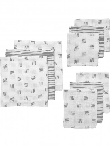 Gauze (muslin) diaper set, 9-piece, Meyco Baby (Block stripe - grey)
