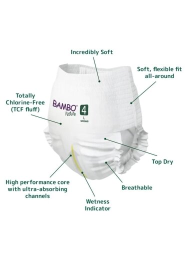 Bambo nature sauskelnės/kelnaitės, 4 dydis/L, 7-12kg, 20 vnt.