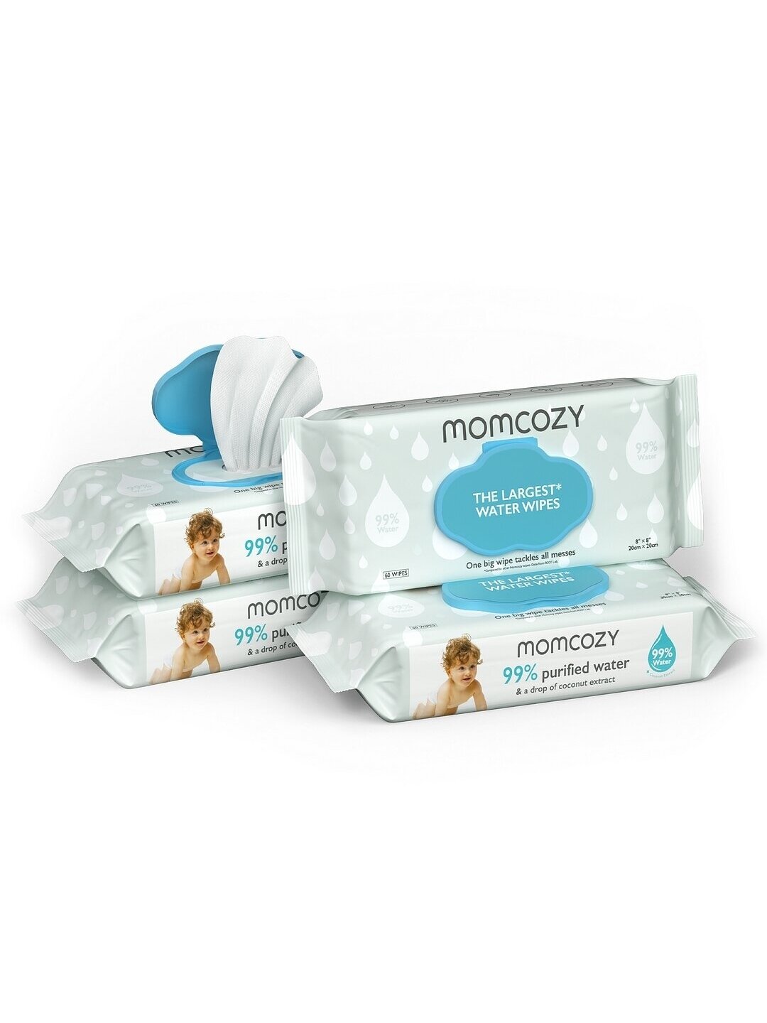 MOMCOZY drėgnos servetėlės XL dydis, 4 pakuotės po 60 vnt