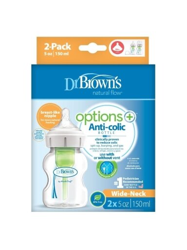Dr. Browns buteliukai plačiu kakleliu Options+ 150ml, 0+ 2vnt pakuotėje
