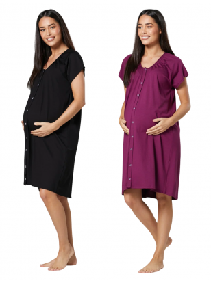 2Pack - Maternity & Nursing labour nightdress by CC (black/purple)