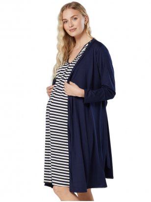 Maternity nightgown and bathrobe, CC, navy blue / striped