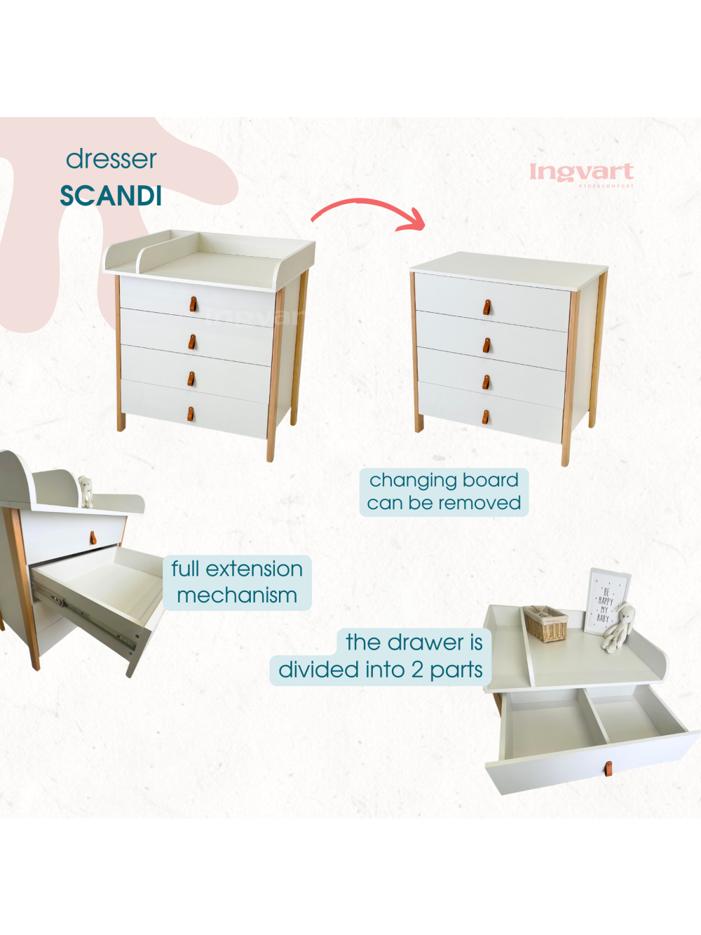 SCANDI Dresser with Changing Table, White 1