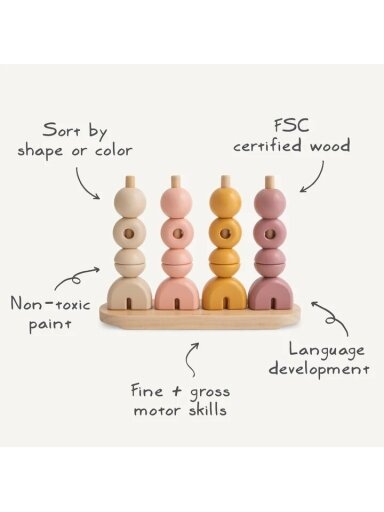 Medinis dėliojimo žaislas, Wooden multi shape stacker, Mushie