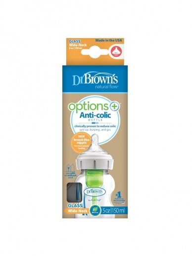 Dr. Browns stiklinis buteliukas plačiu kakleliu Options+ 150ml, 0+ 1
