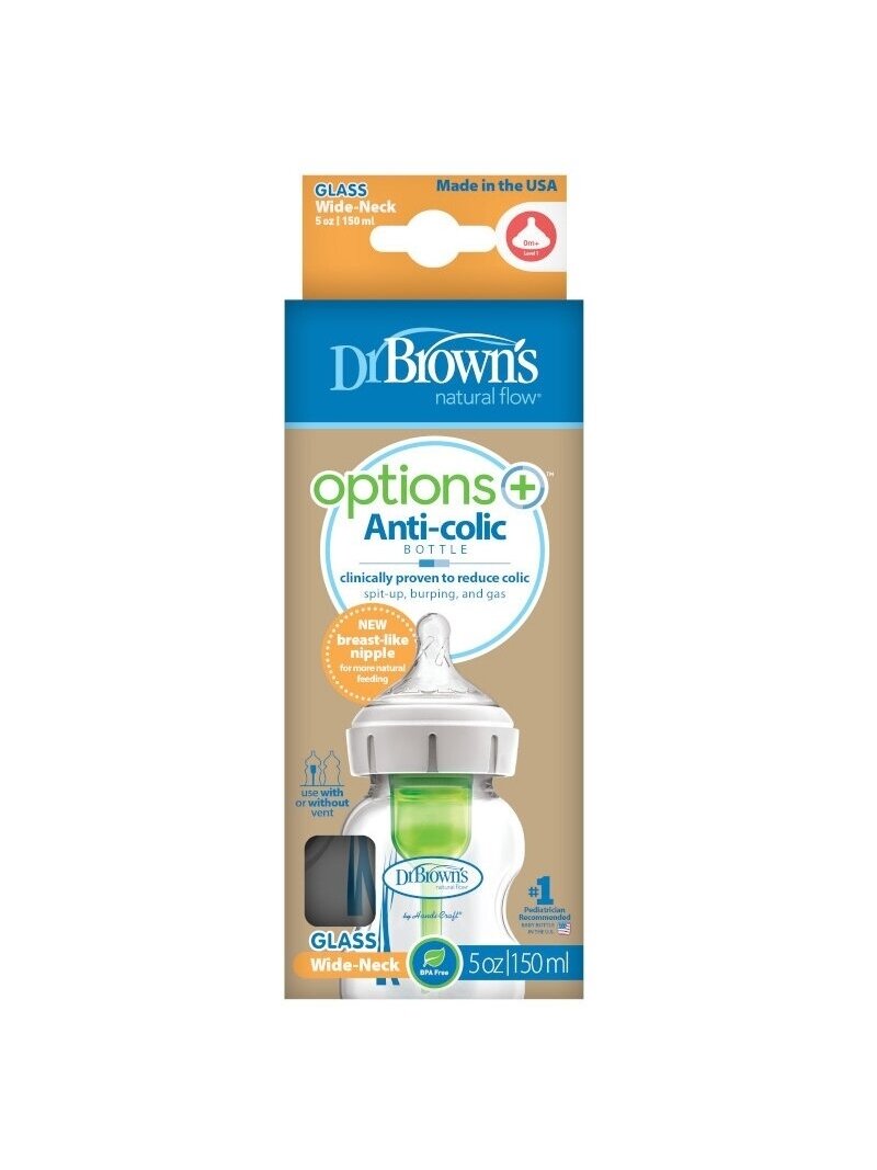 Dr. Browns stiklinis buteliukas plačiu kakleliu Options+ 150ml, 0+ 1 Dr. Browns stiklinis buteliukas plačiu kakleliu Options+ 150ml, 0+ 1