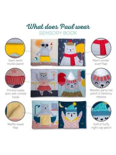 Taf Toys kūdikio knygelė What does Paul wear