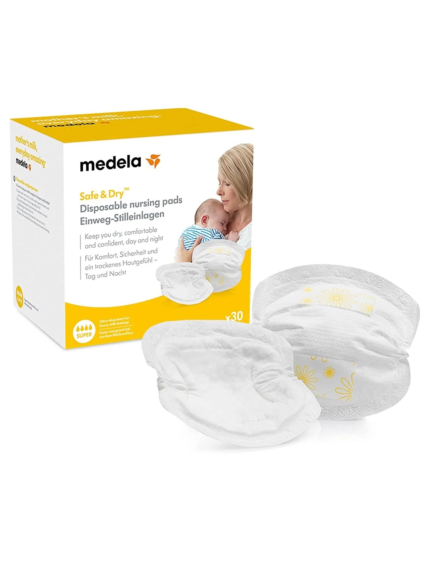 Medela Safe & Dry disposable nursing pads, 30 pcs., Gimdyvės krepšelis